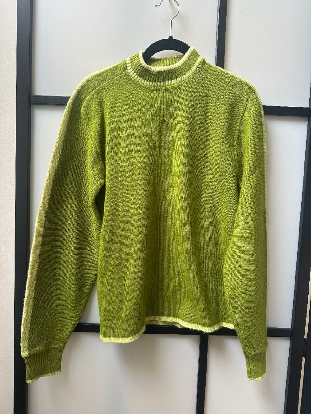 Vintage 60s 70s Virgin Acrylic Bright Green Mod Striped Sweater Mock Neck Medium